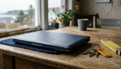Closed laptop on a kitchen table beside house keys and a folded tape measure in soft window light.