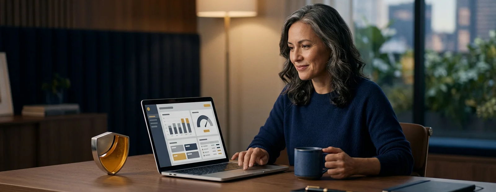 A practice owner calmly reviewing a simple ads dashboard with a budget-protection shield motif