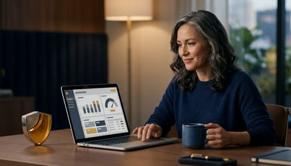 A practice owner calmly reviewing a simple ads dashboard with a budget-protection shield motif