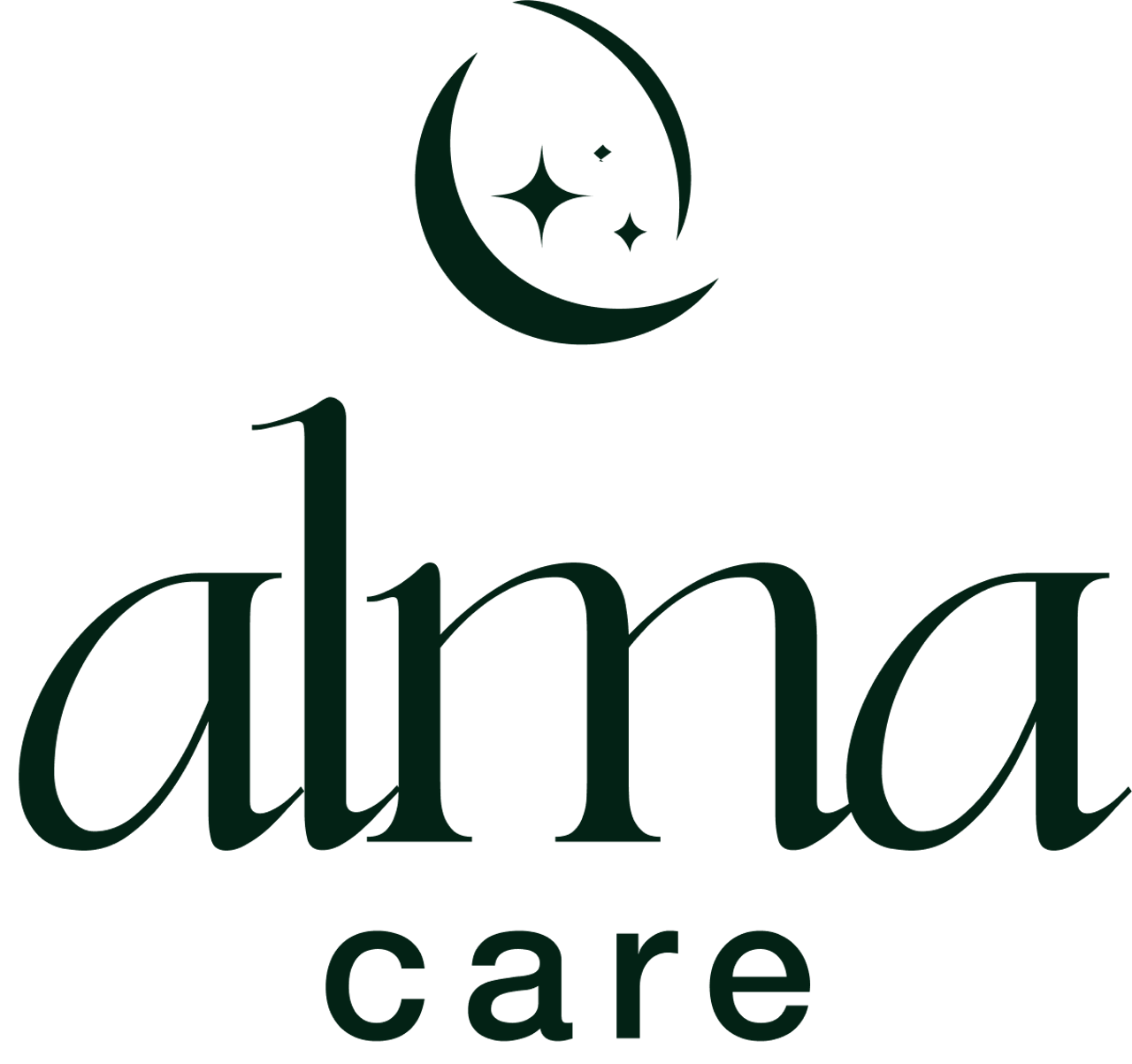 Logo for AlmaCare featuring a crescent moon with stars above the word “alma” and “care” beneath.