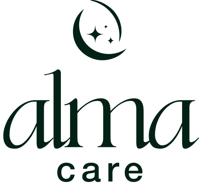 Logo for AlmaCare featuring a crescent moon with stars above the word “alma” and “care” beneath.