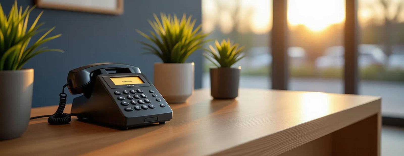 A calm clinic reception desk with the phone handled by an AI receptionist