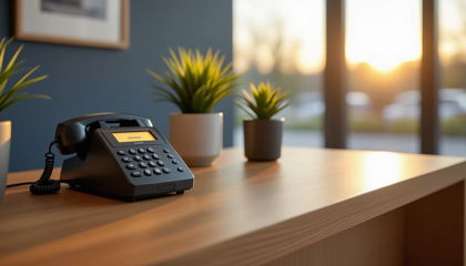 A calm clinic reception desk with the phone handled by an AI receptionist
