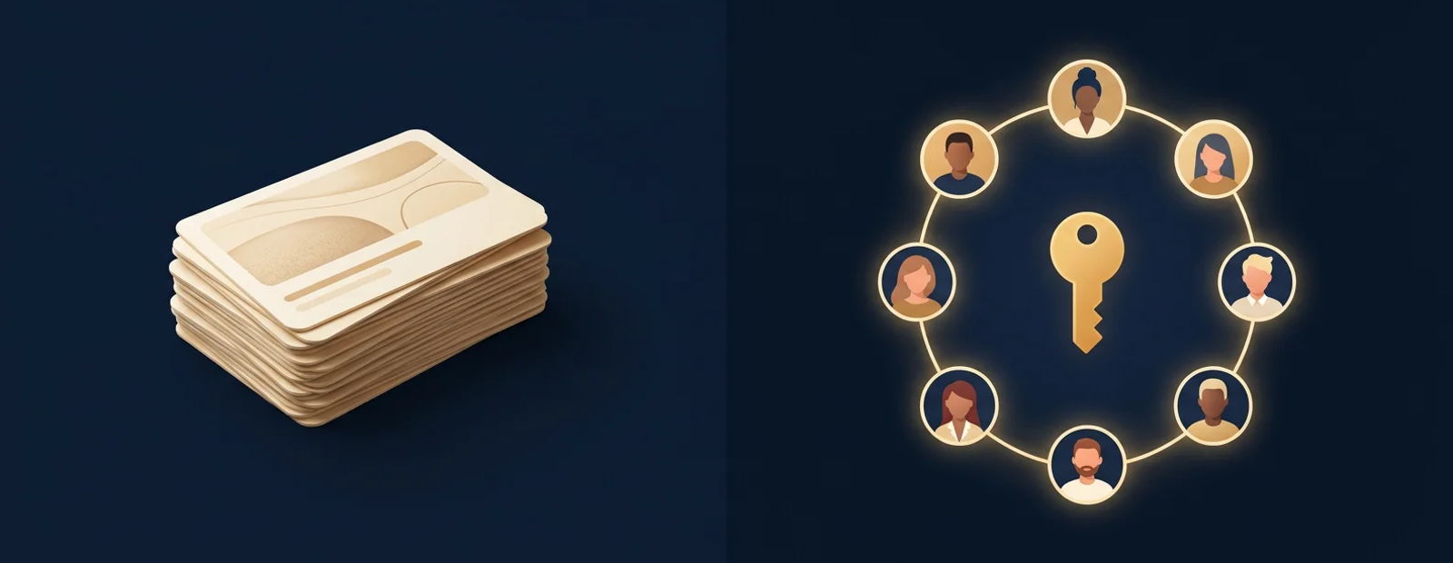 A course lesson stack beside a connected circle of members around a golden key