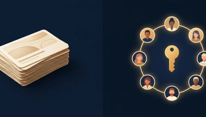 A course lesson stack beside a connected circle of members around a golden key