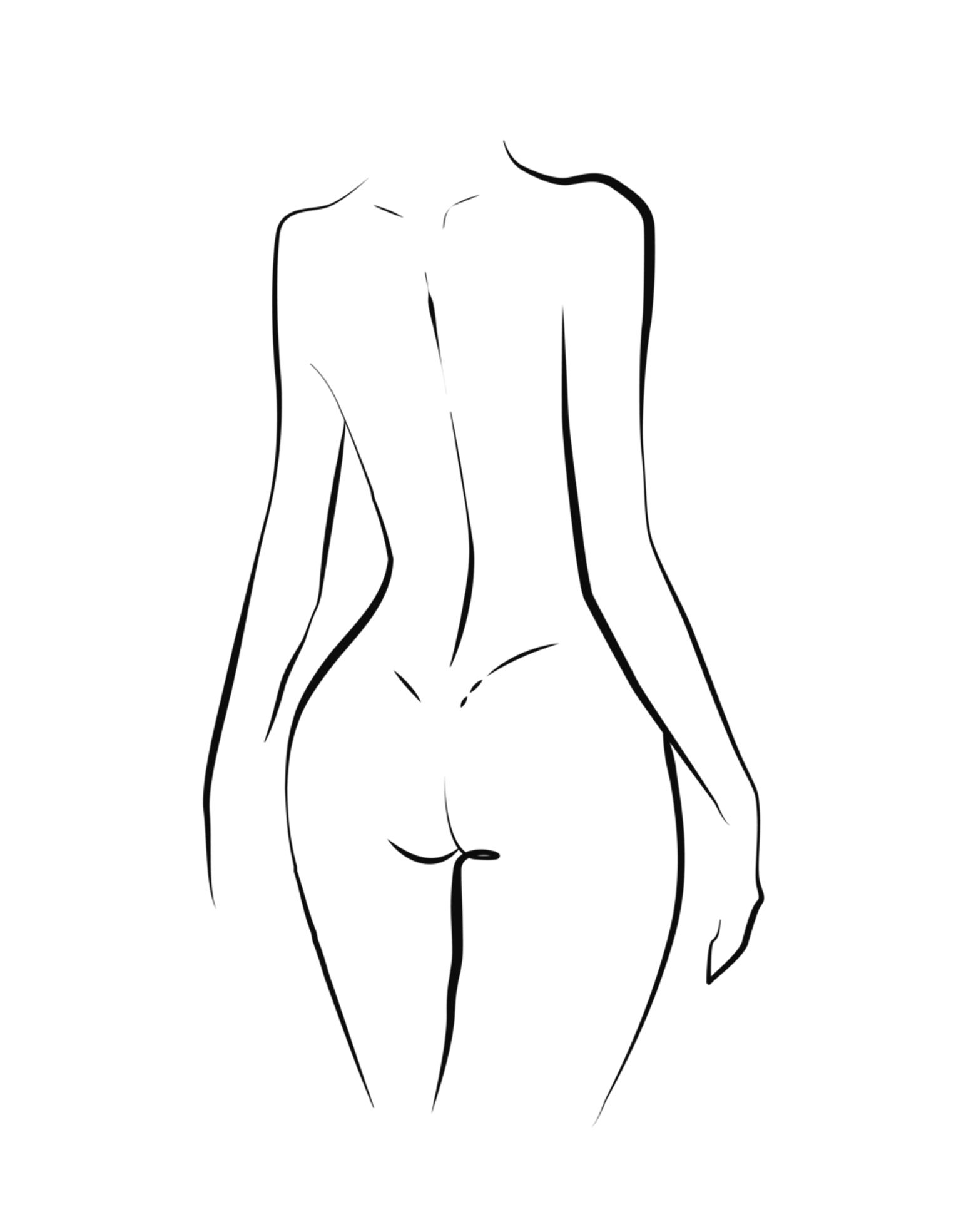 Silhouette of a nude rear view of a person standing, with one arm down and back muscles visible.