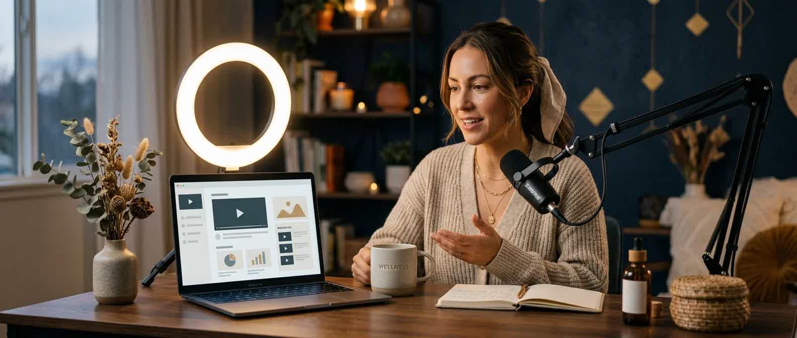Wellness educator recording an online course at a warm desk with laptop, microphone, and botanicals