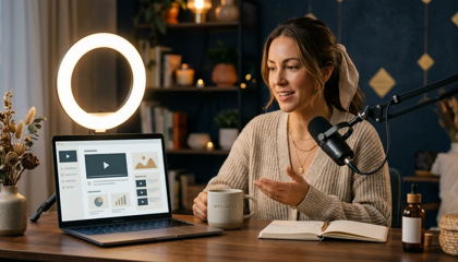Wellness educator recording an online course at a warm desk with laptop, microphone, and botanicals