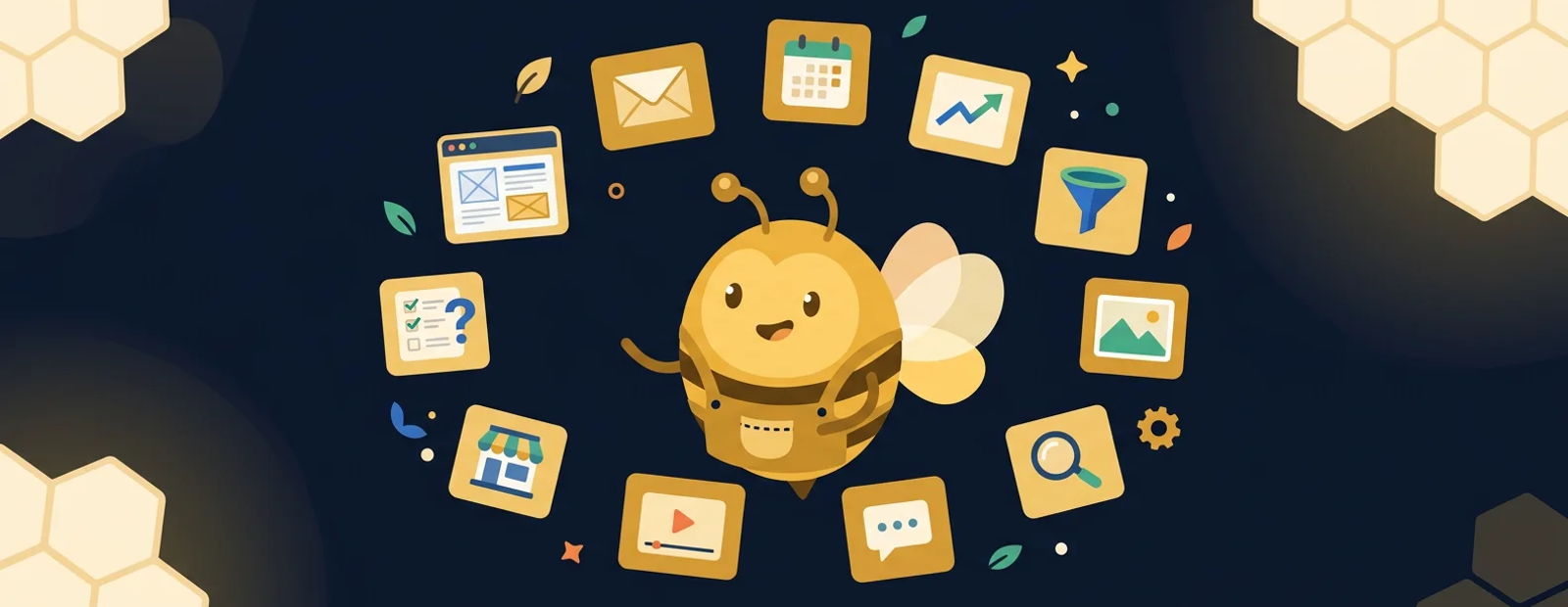 Golden bee character juggling twelve task cards for website, email, funnel, and SEO jobs