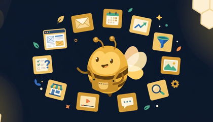 Golden bee character juggling twelve task cards for website, email, funnel, and SEO jobs