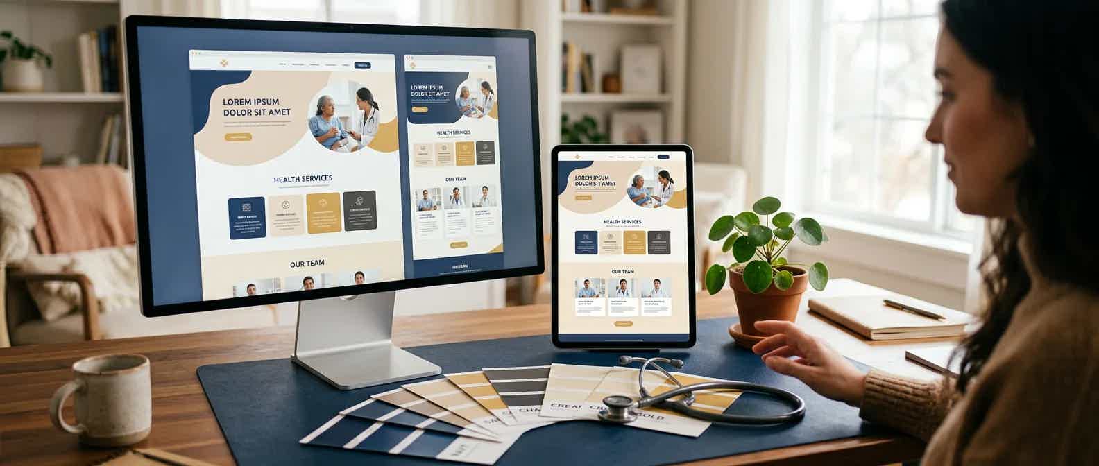 Healthcare website design review with a monitor and tablet showing the same responsive medical site layout