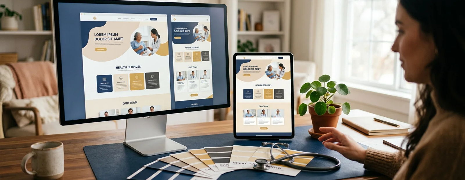 Healthcare website design review with a monitor and tablet showing the same responsive medical site layout