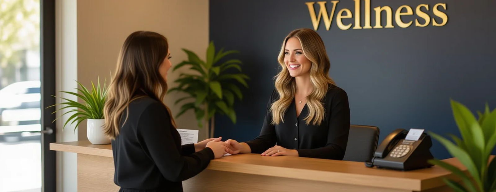 A front-desk coordinator focused on the patient in front of them while the phone is handled