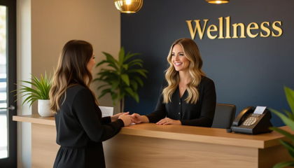 A front-desk coordinator focused on the patient in front of them while the phone is handled