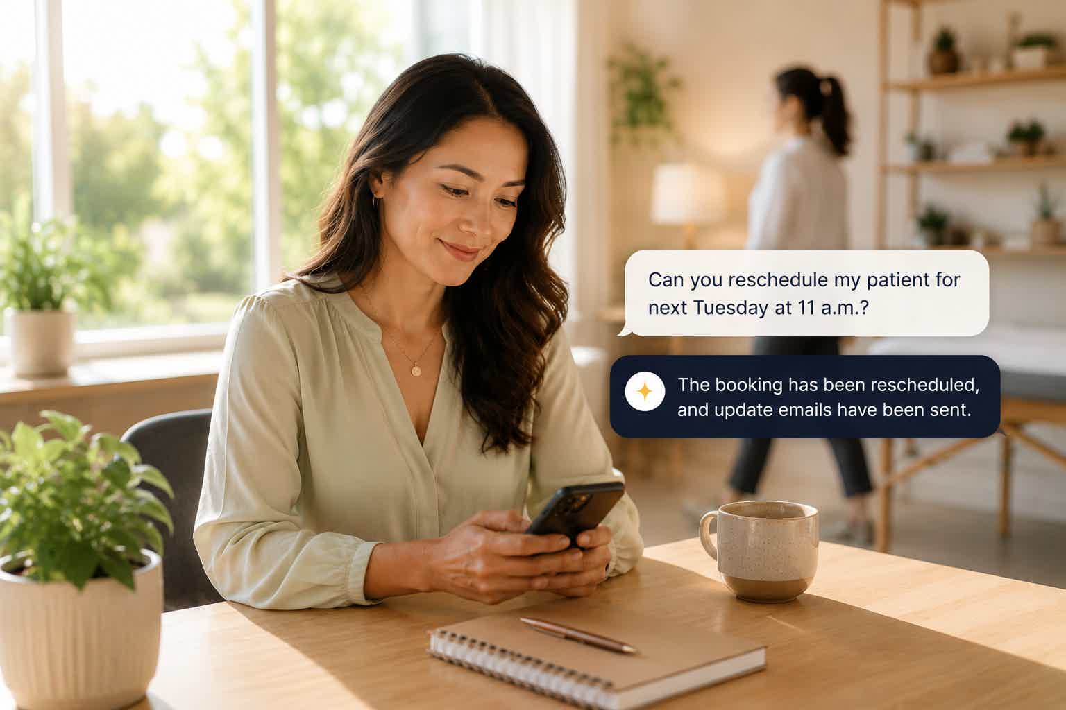 Woman smiling at phone at desk in bright home office; text bubbles read “Just booked! Can’t wait for Tuesday 👏” and “So glad
