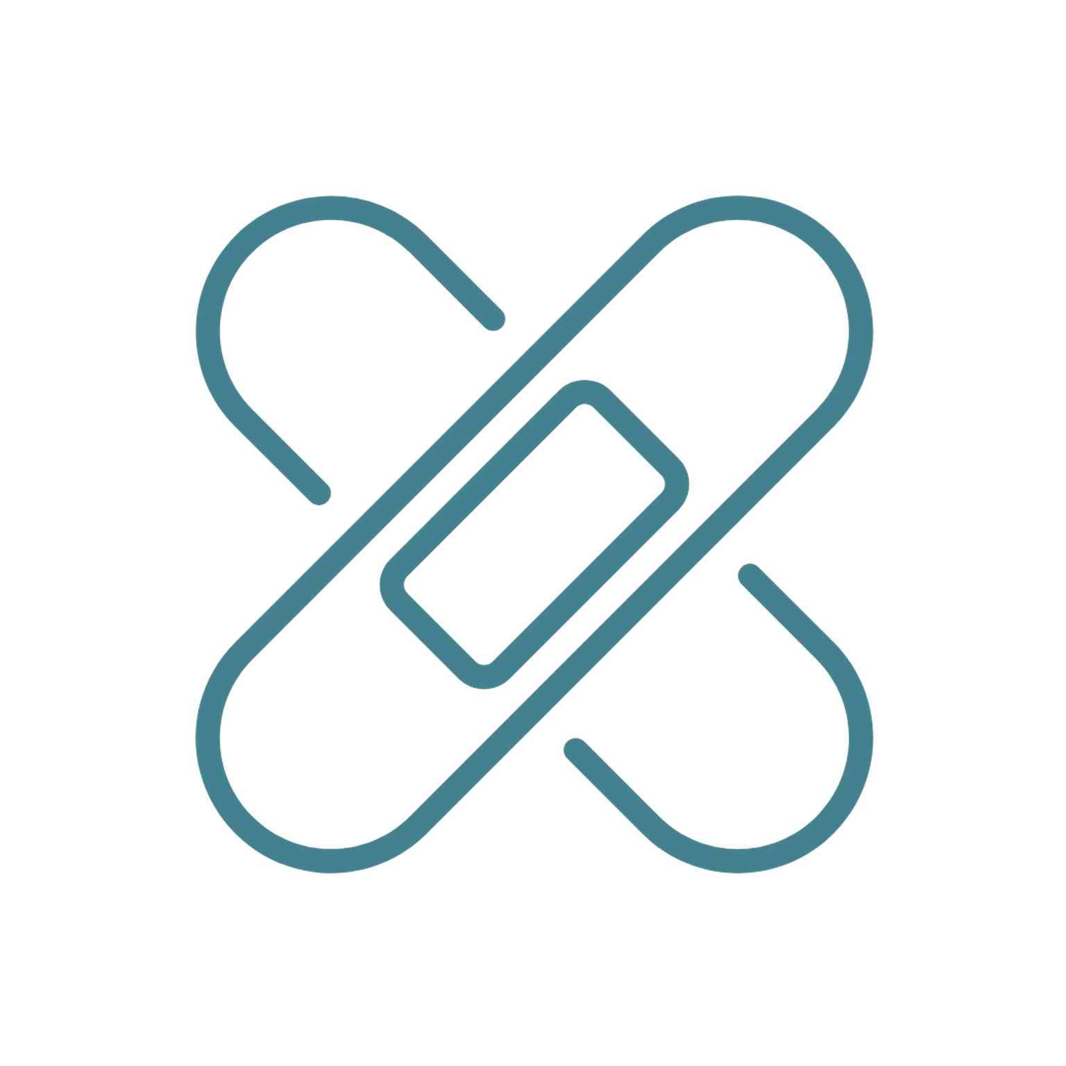 Teal infinity-shaped medical cross symbol on black background, with diagonal square inset.