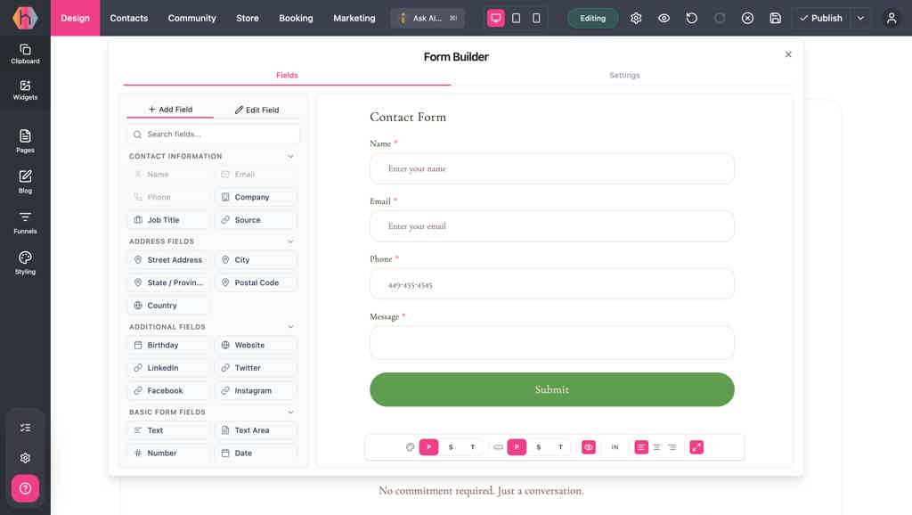 Hiveality forms area showing the forms list, analytics tab, and a per-form submissions table.