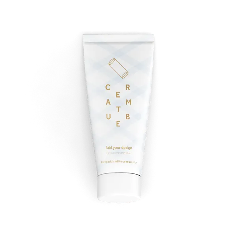 Cream-colored tube with gold lettering arranged vertically; minimalist packaging design on soft blue background.