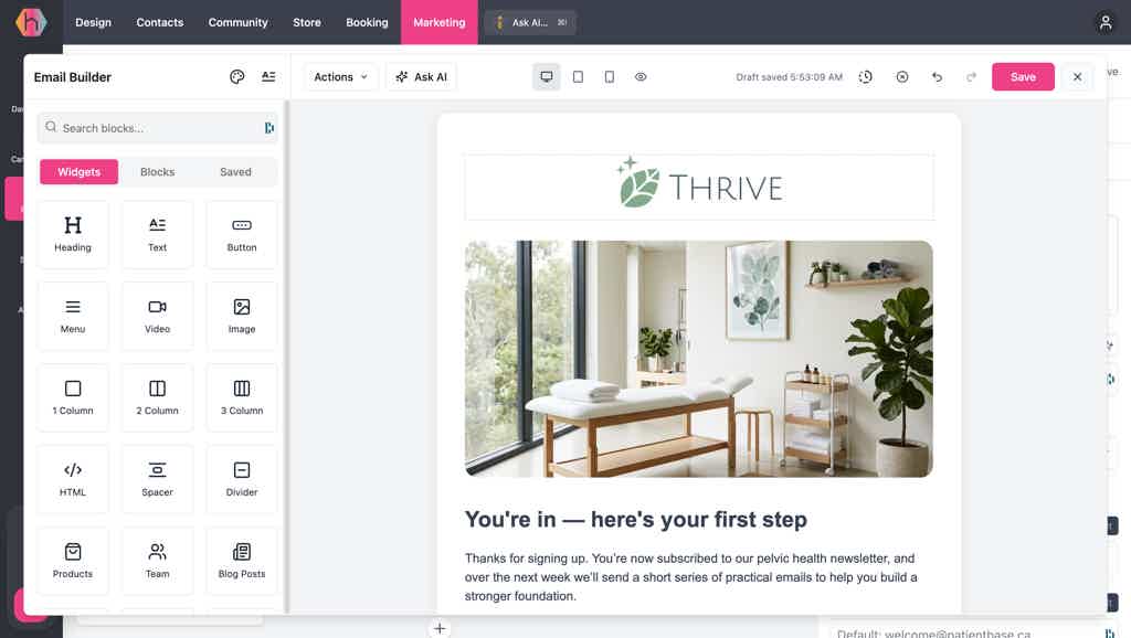Hiveality email builder showing drag-and-drop blocks on the canvas with the campaign audience panel.
