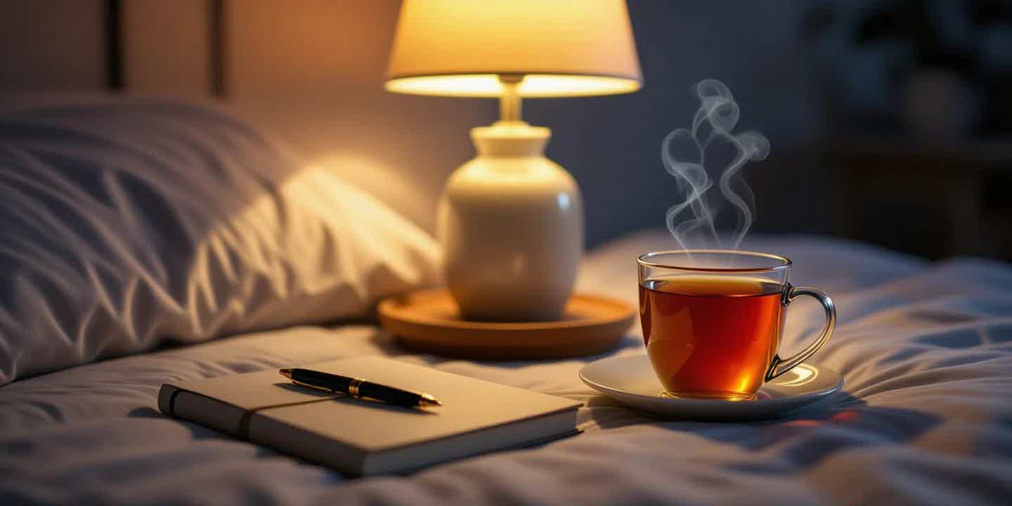 A calming wind-down routine supports healthy cortisol rhythm and sleep Calm nighttime bedroom nightstand with a warm lamp, journal, and tea, representing a wind-down sleep hygiene routine
