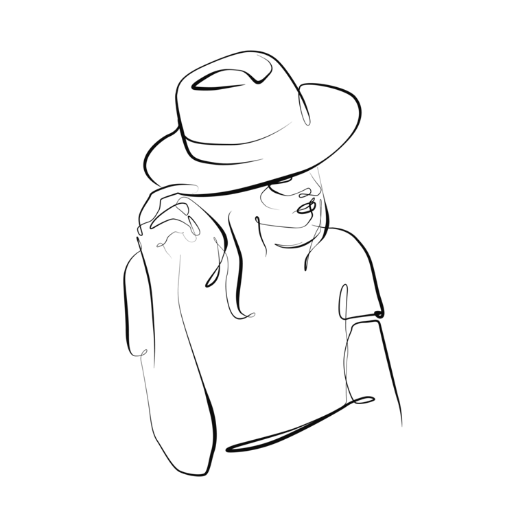 A person wearing a wide-brimmed hat, resting their chin on a hand with long hair.