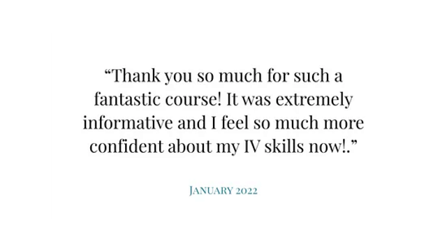 Handwritten testimonial quote on white background: “Thank you so much for such a fantastic course!… my IV skills now!”