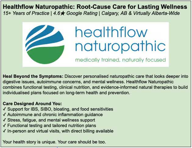 Healthflow Naturopathic logo and services text: root-cause care, functional testing, nutrition, chronic inflammation guidance