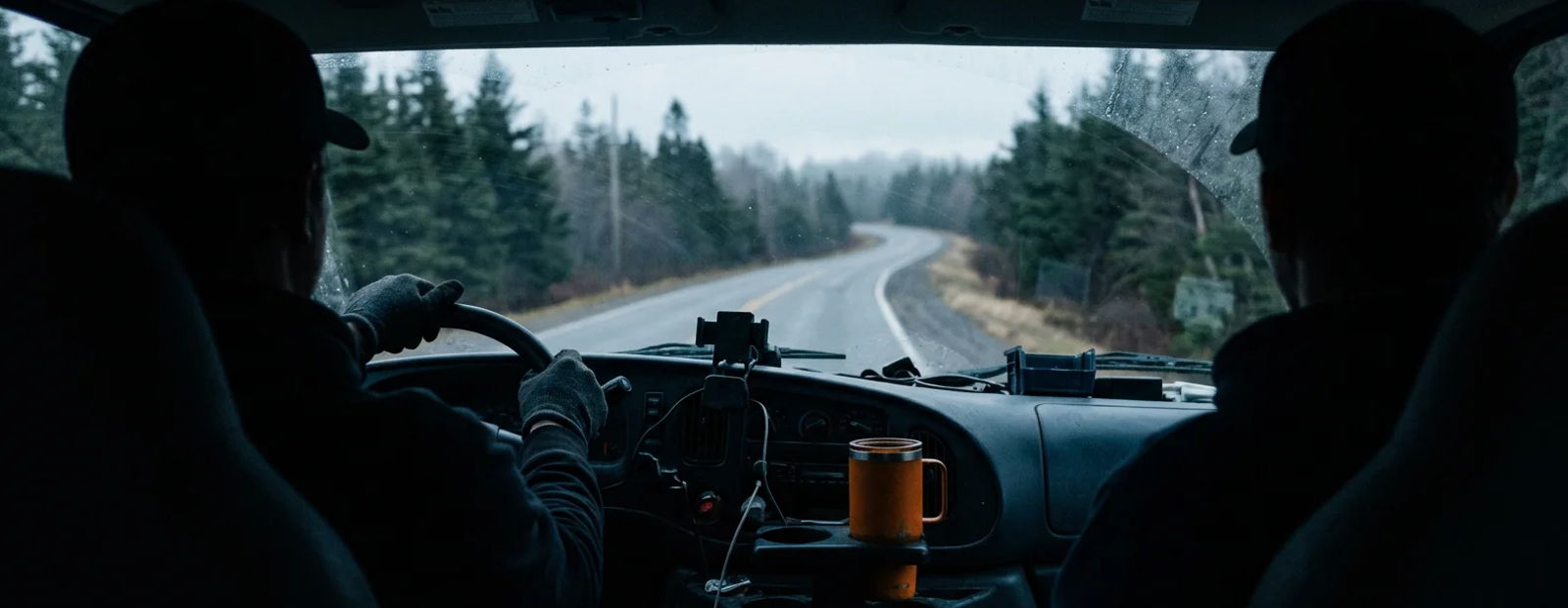 Gloved hands on a work van steering wheel at dawn on a two-lane rural Nova Scotia road, orange mug in the console.