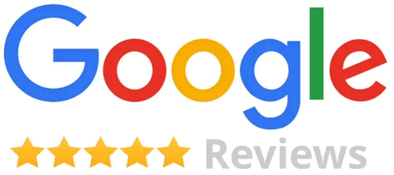 “Google” logo with five yellow star ratings and gray “Reviews” text underneath.