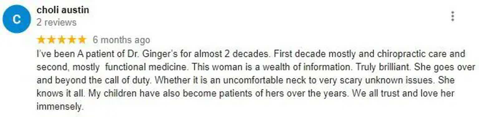 Doctor review text on chloli austin page: “I've been a patient of Dr. Ginger…” with star rating and “6 months ago.”