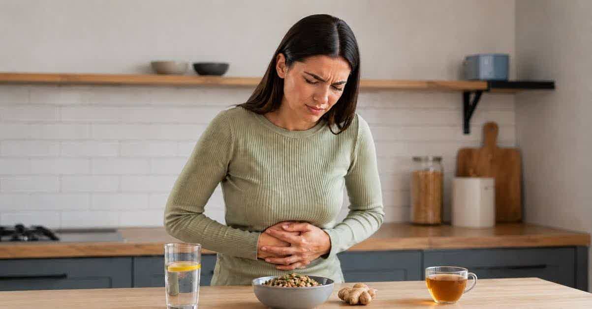 A woman standing in a kitchen holding her stomach in discomfort.