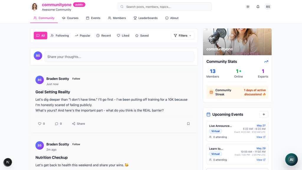 Hiveality community overview showing spaces, members, and linked courses and events.