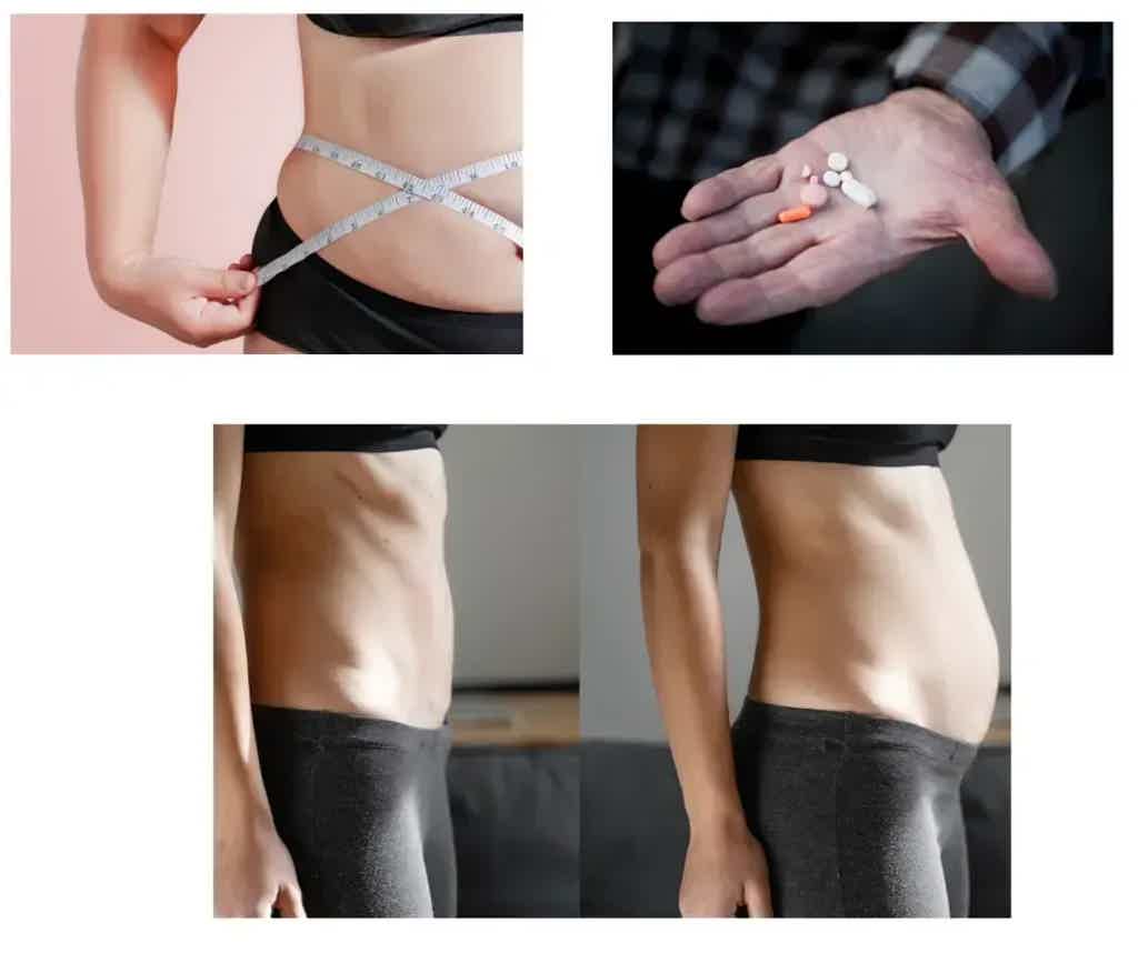 Slim waist with measuring tape; hand holding pills; side-by-side before/after body shots showing midsection and legs.