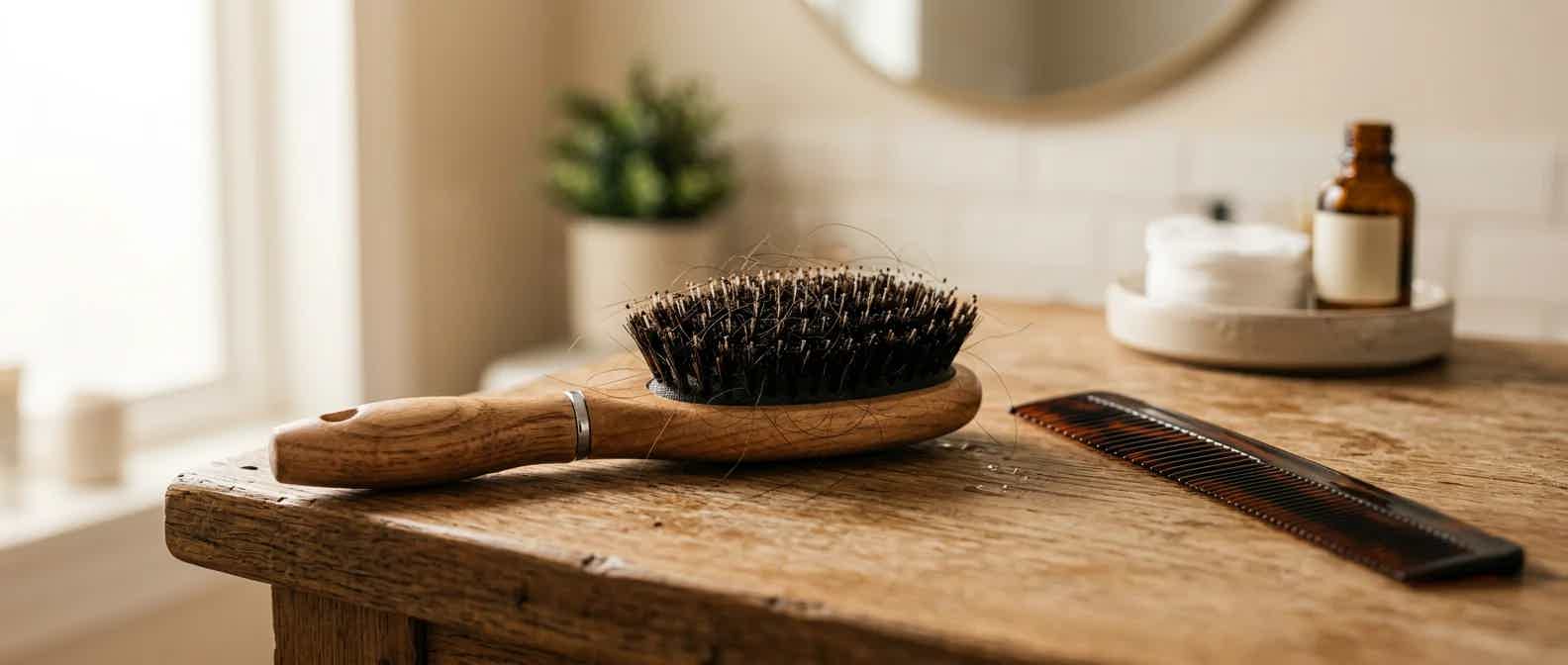 Close-up of a hairbrush with shed hair strands on a bathroom counter, representing hair loss evaluation