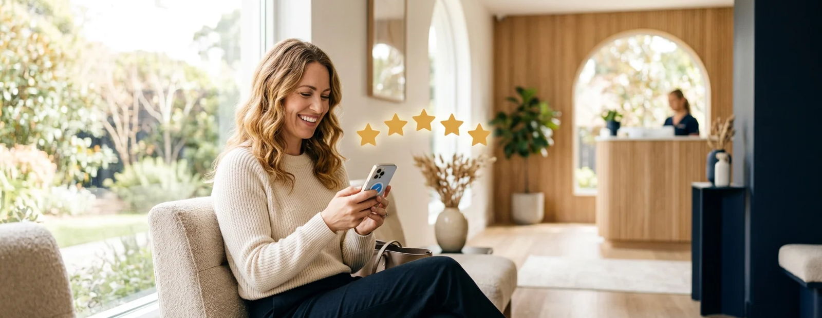 A happy patient leaving a five-star review on her phone in a wellness clinic