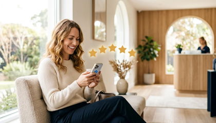 A happy patient leaving a five-star review on her phone in a wellness clinic