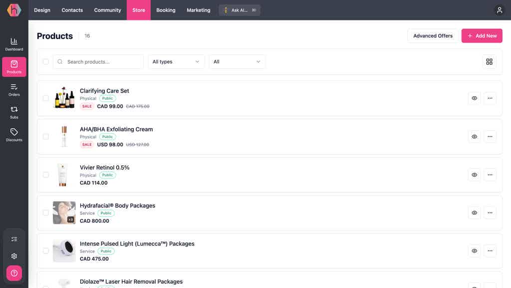 Hiveality store dashboard showing revenue, recent orders, and active subscriptions.