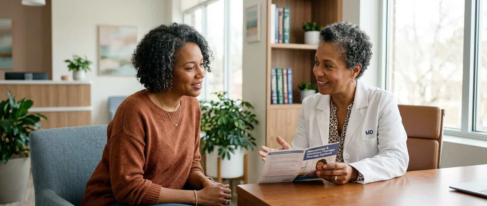 Warm, natural photo of a woman in her mid-40s to early 50s consulting with her healthcare provider about hormone therapy, seated in a bright, comfortable clinic room, engaged