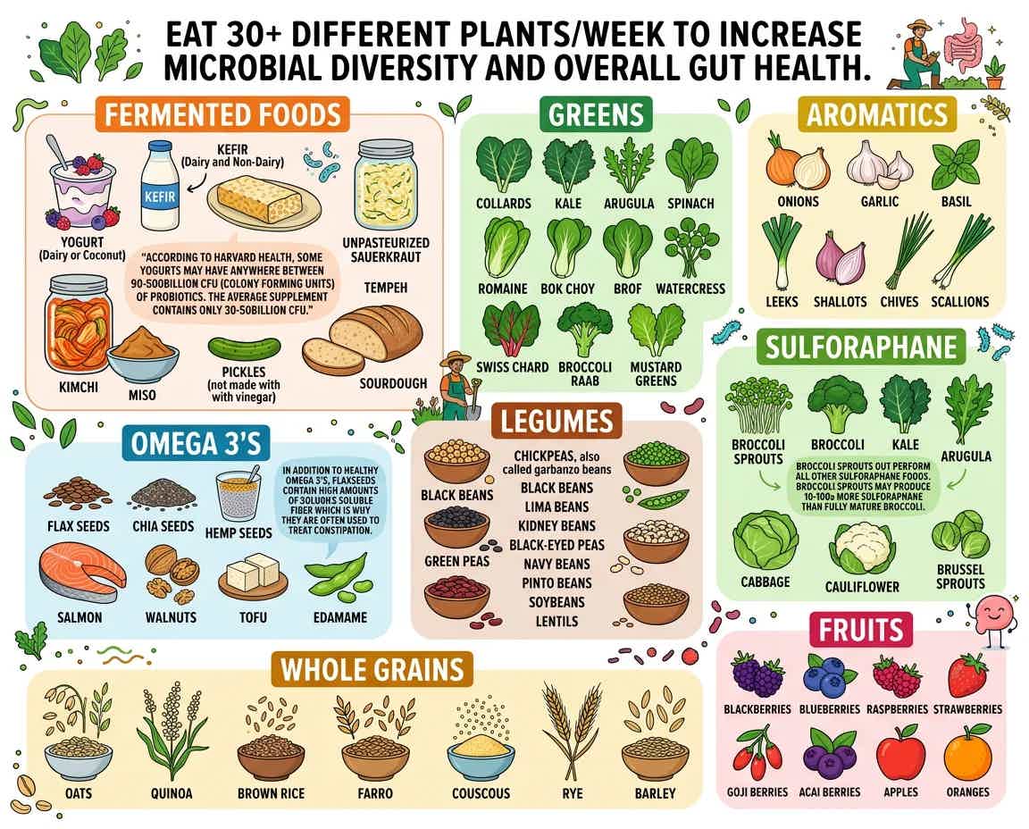Create an image included list of foods under the following categories with the title stating: Eat 30+ different plants/week to increase microbial diversity and overall gut...