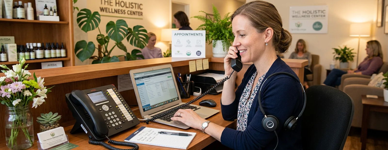 Image of a natural health clinic receptionist managing multiple phones with a phone in the hand, a headset on one arm, and typing with the other hand
