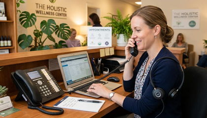 Image of a natural health clinic receptionist managing multiple phones with a phone in the hand, a headset on one arm, and typing with the other hand