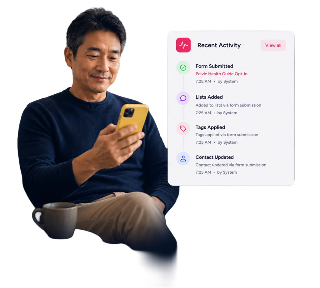 A Hiveality contact record card with a unified timeline of touchpoints, as the hero on a deep navy canvas.