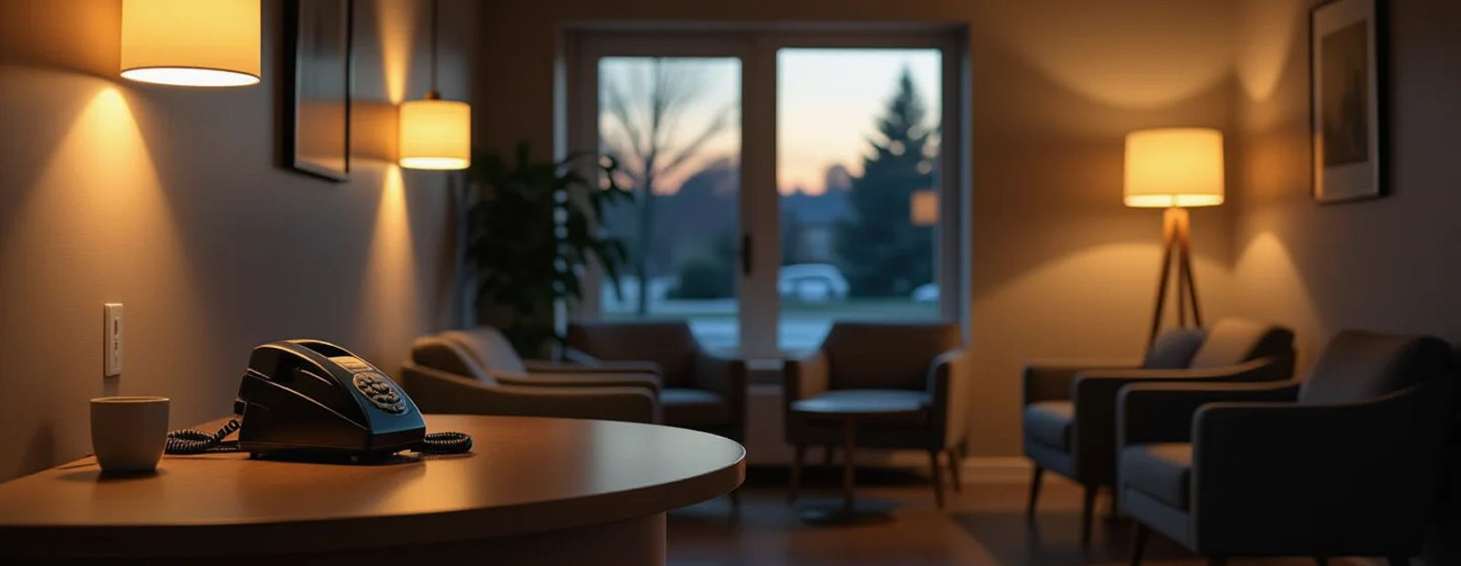 An empty clinic reception at dusk with the phone ringing unanswered
