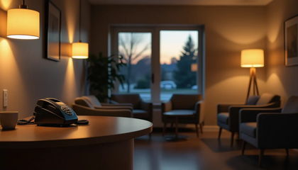 An empty clinic reception at dusk with the phone ringing unanswered