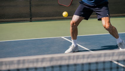 Tennis player mid-sprint on court, preparing to hit a yellow ball over the net.