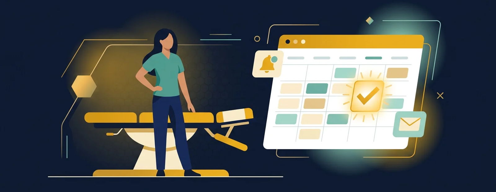 Chiropractor beside an adjustment table with a floating booking calendar and reminder icons