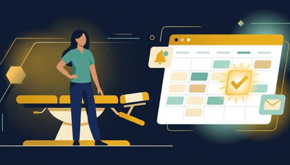 Chiropractor beside an adjustment table with a floating booking calendar and reminder icons