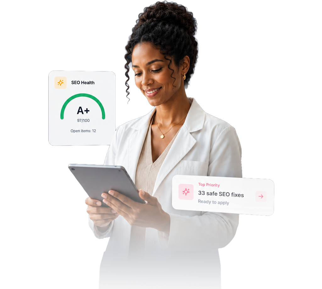 The Hiveality SEO dashboard, a site-wide health grade and a prioritized list of fixes, presented as the hero on a deep navy canvas.
