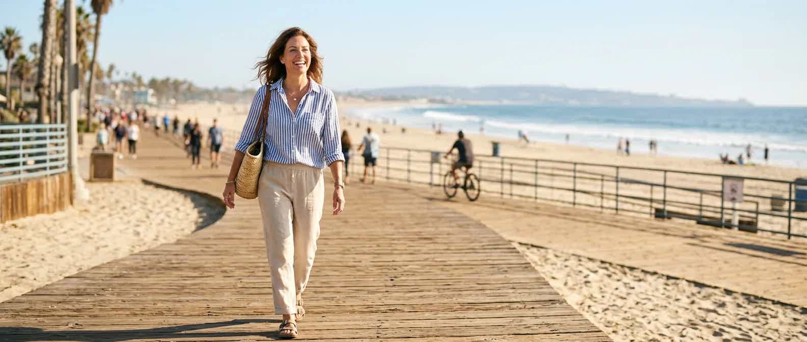 Woman in her 40s smiling outdoors near a Southern California beach boardwalk in morning light, representing energy and wellness during perimenopause