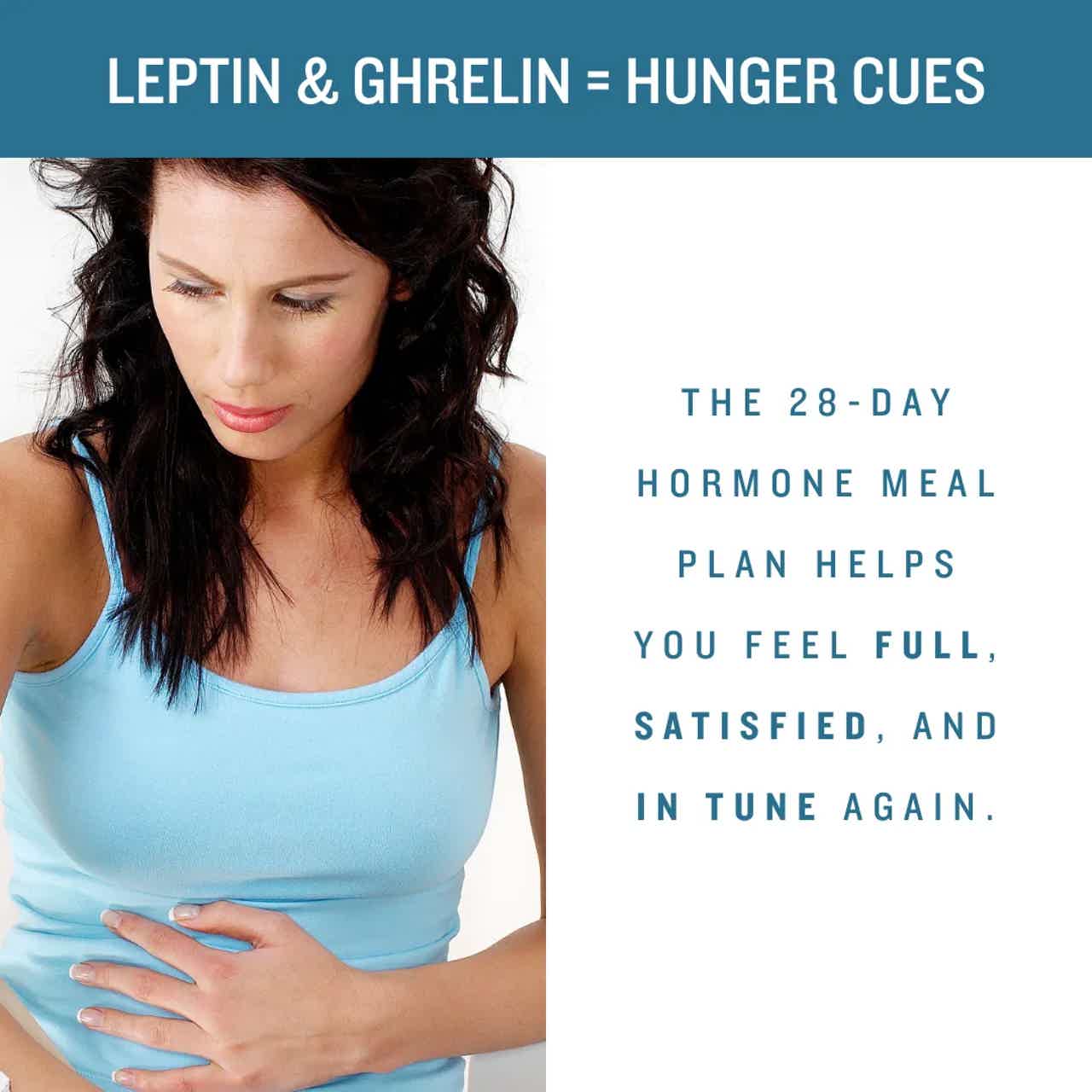 Woman holding her stomach with text: “Leptin & Ghrelin = Hunger Cues” and “The 28-day hormone meal plan…”